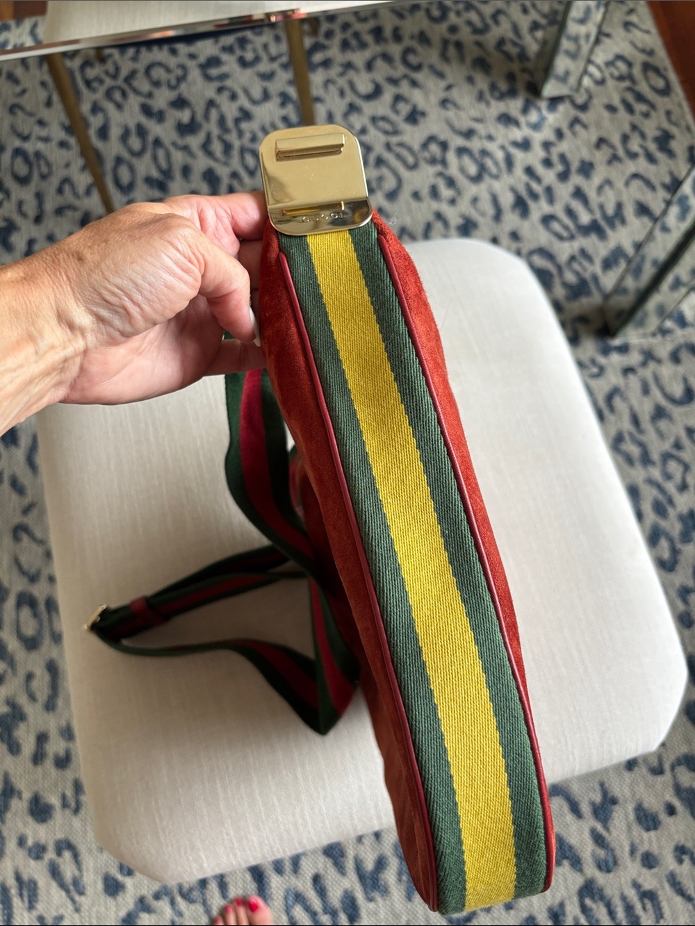 Gucci Orange Red Suede Shoulder Bag with Green-Red Web Strap - Picture 3 of 13
